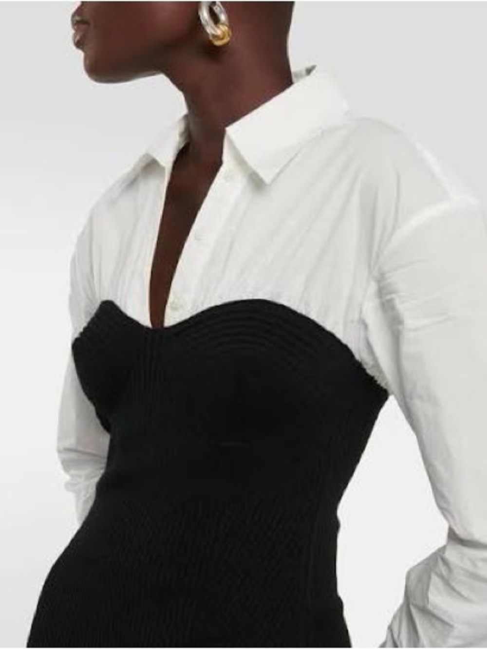 STAUD Hazel Top - Black Ribbed Bustier Layered Over White Button-Up Shirt